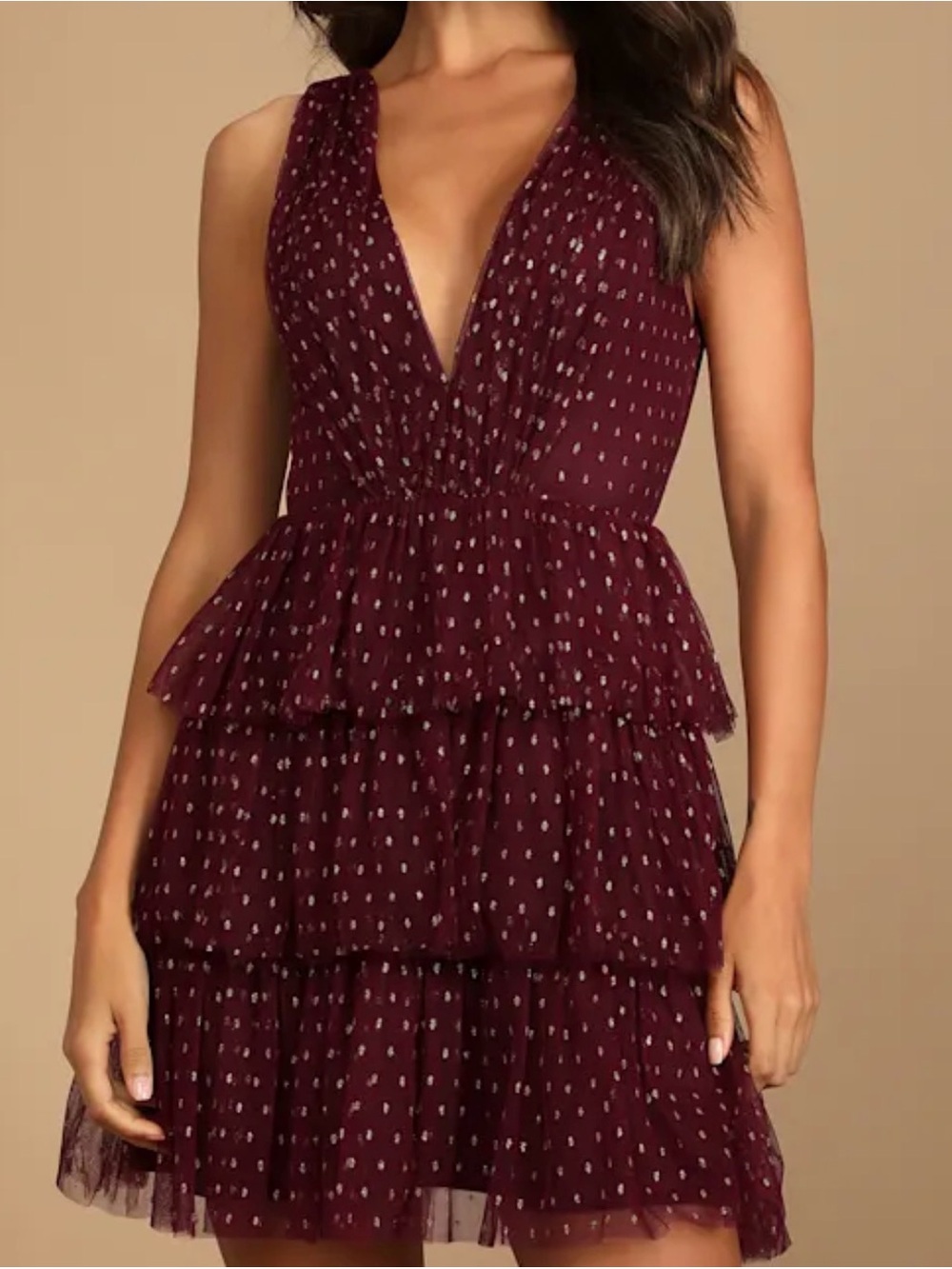 Lulu's Forever Sparkling Burgundy Dotted Mesh Tiered Mini Dress - Size M